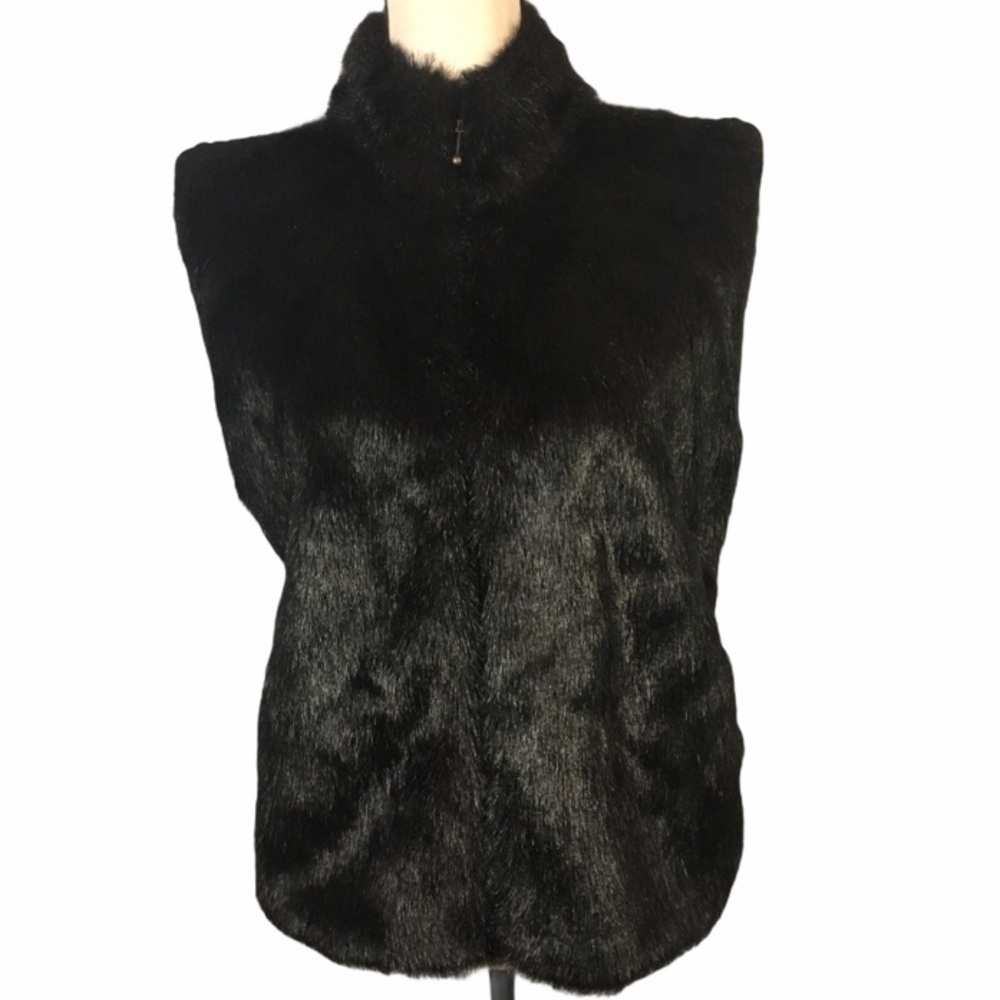 KIKIT Black Faux Fur Full Zip Mock Neck Vest Sz XL